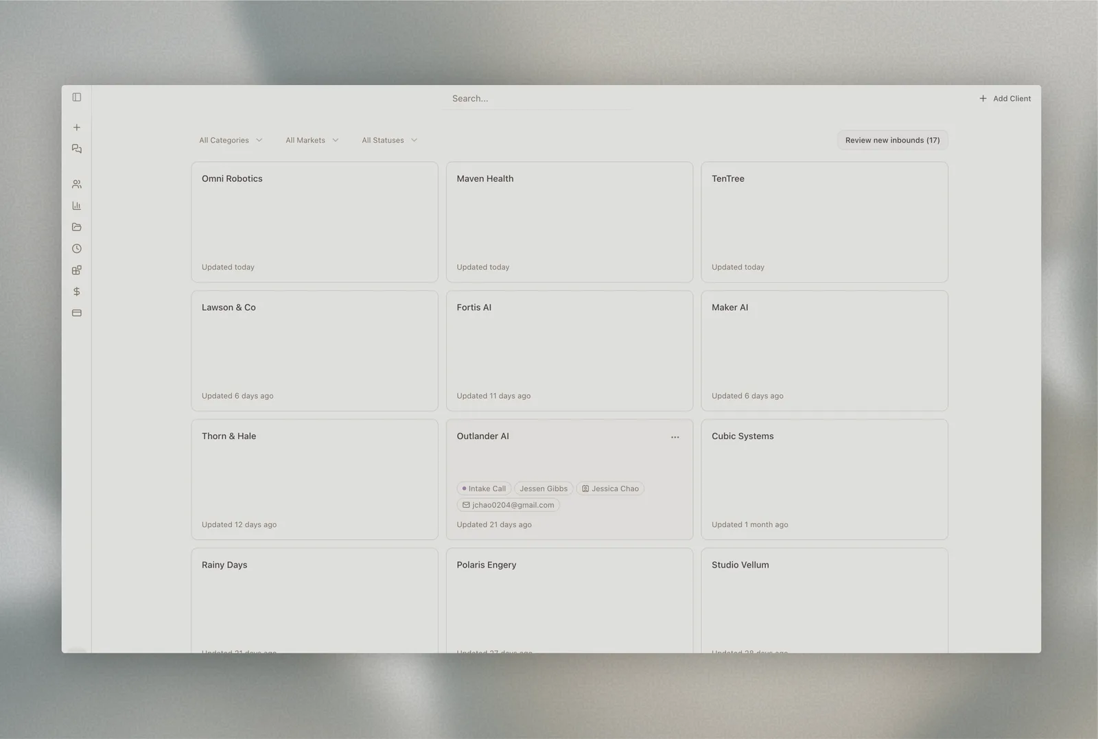 The pipeline dashboard in Shadow — inbound, prospects, and proposals in one view.