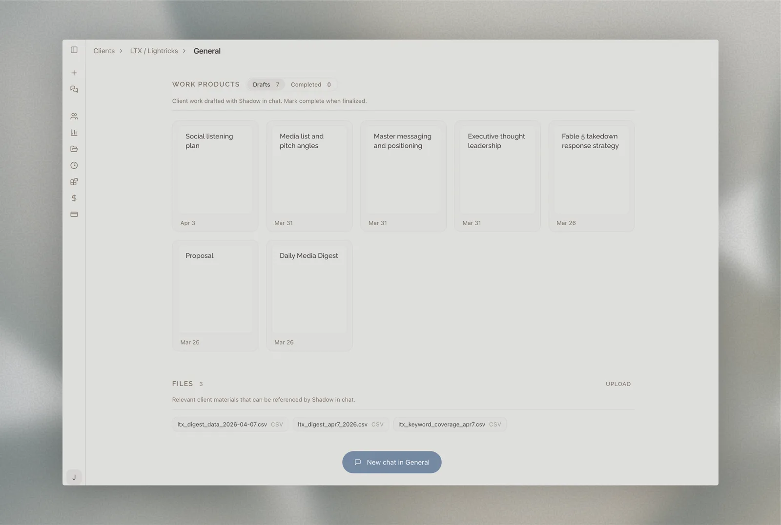 A client workspace in Shadow, listing drafted work products — a social listening plan, media list, master messaging, and daily media digest — with the files they draw on.