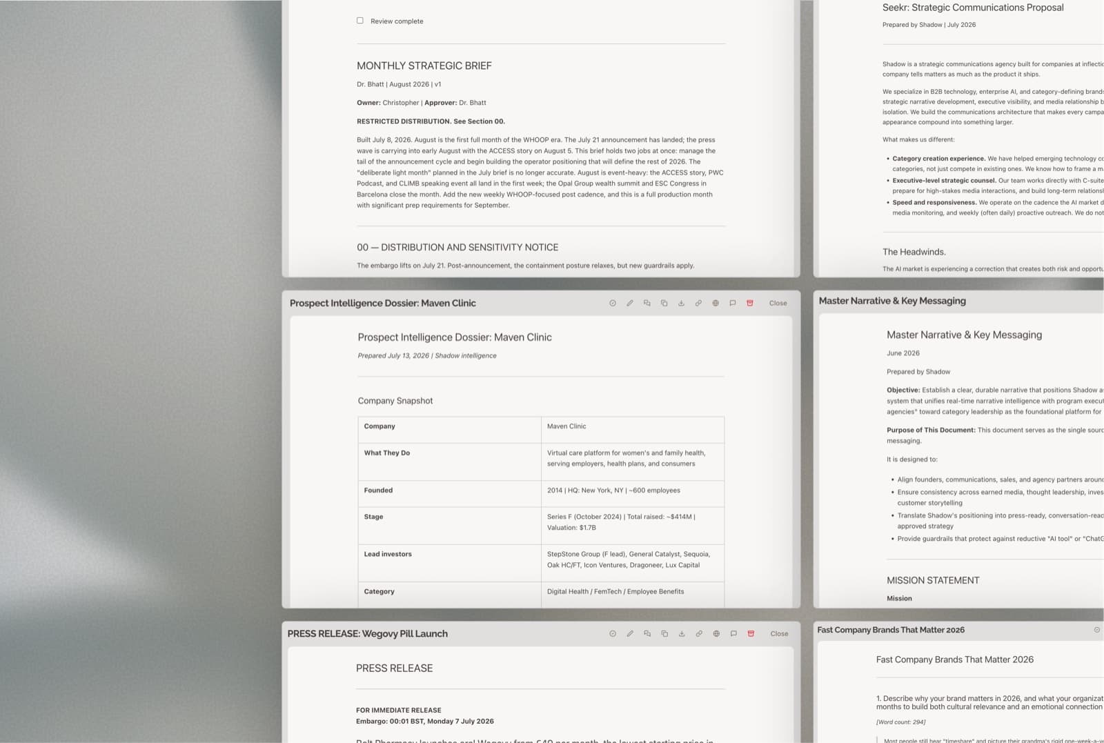 Documents drafted by Shadow — a monthly strategic brief, communications proposal, prospect intelligence dossier, master narrative, and press release — open for review.