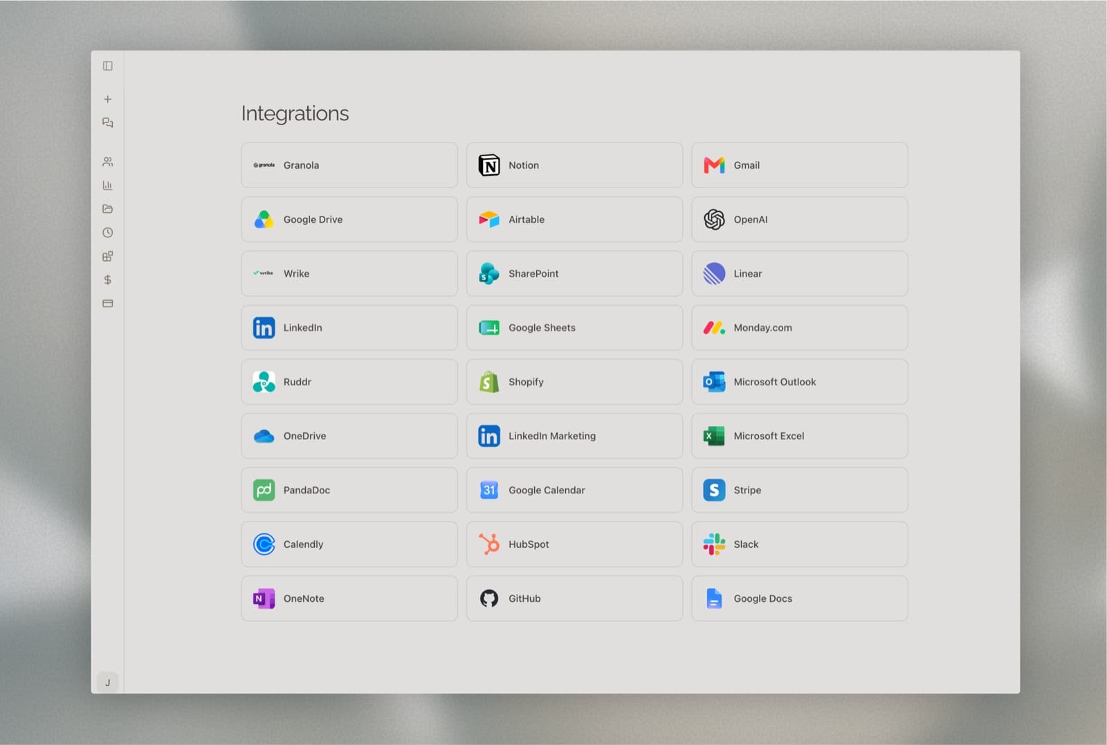 Shadow's integrations surface — the tools the team already runs on, connected.